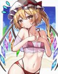  1girl @_@ absurdres beach bikini blonde_hair blue_sky blush bow breasts closed_mouth cloud cloudy_sky commentary crystal day flandre_scarlet flying_sweatdrops hat hat_bow head_tilt highres horizon kiui_(dagk8254) light_frown looking_at_viewer medium_hair mob_cap multi-strapped_bikini_bottom ocean one_side_up oudondk red_bikini sky small_breasts solo standing sweatdrop swimsuit swimsuit_cover-up touhou white_hat wings 