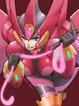  1girl absurdres armor bent_over black_bodysuit bodysuit breasts cowboy_shot eyelashes ferham_(mega_man) forehead_jewel glowing glowing_weapon helmet highres holding holding_whip medium_breasts mega_man_(series) mega_man_x:_command_mission mega_man_x_(series) pink_armor pink_helmet pink_lips red_background shoulder_armor smirk solo ten_(ten_rockman) twitter_username weapon 