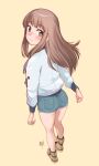  1girl absurdres ass ass_peek blue_shorts blush boots brown_background brown_eyes brown_footwear brown_hair closed_mouth commentary_request cutoffs denim denim_shorts floating_hair full_body highres jacket kikumaru_bunta kiruko_(tengoku_daimakyou) long_hair long_sleeves looking_at_viewer looking_back perspective short_shorts shorts sidelocks simple_background smile solo standing tengoku_daimakyou white_jacket 