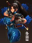  1girl armor black_hair blue_bodysuit blue_flower blue_spider_lily bodysuit breasts brown_eyes character_name covered_nipples floral_background flower glowing_tattoo high_ponytail highres holding holding_sword holding_weapon kainan katana kuji-in large_breasts long_hair looking_at_viewer short_sword shoulder_armor solo soulcalibur spider_lily sword taki_(soulcalibur) tantou weapon 