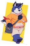  arm_band bag bandanna barefoot black_nose blue_eyes blue_fur blush bone bulge canine chest_tuft chubby clothed clothing dog ear_piercing fur gazpacho_(artist) hair hindpaw hoodie husky male mammal pants pawpads paws piercing pin pointy_ears shorts simple_background solo toes tuft white_fur zipper 