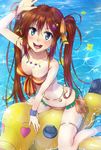  bikini blue_eyes bracelet brown_hair dontokoi flower hair_ornament hairclip highres inflatable_toy jewelry long_hair mole mole_under_eye navel necklace original smile solo striped striped_bikini striped_swimsuit swimsuit twintails very_long_hair water 