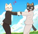  absurd_res anthro biped black_body black_fur blush clothed clothing domestic_cat duo felid feline felis fur hi_res k1ko male mammal open_mouth open_smile smile tail white_body white_fur 