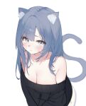  1girl absurdres animal_ears bare_shoulders black_sweater blue_eyes blue_hair blush breasts cat_ears cat_girl cat_tail cleavage collarbone hair_over_shoulder highres iomaaki long_hair looking_at_viewer medium_breasts off-shoulder_sweater off_shoulder original parted_bangs sidelocks simple_background solo sweater tail upper_body white_background 