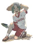  1boy arm_up brown_eyes dirty dirty_clothes dirty_face glasses gloves green_hair gym_uniform hat holding kneeling male_focus morimura_sakuya oshamanbe red_shorts short_sleeves shorts simple_background smile socks solo sun_hat tokimeki_memorial tokimeki_memorial_girl&#039;s_side trowel white_background 