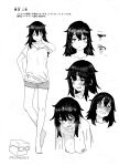  1girl absurdres artist_name bags_under_eyes blush breasts commentary_request greyscale hand_on_own_hip highres large_breasts momo_no_suidou-sui monochrome nipples nude original shirt short_shorts shorts solo sweatdrop t-shirt translation_request 