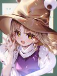  1girl blonde_hair blush brown_hat commentary hair_ribbon hat highres long_hair long_sleeves looking_at_viewer moriya_suwako open_mouth purple_vest rakugakiman2222 rectangular_pupils red_ribbon ribbon smile snake solo touhou vest white_snake yellow_eyes 