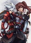  belt black_pants blazblue blazblue_phase_0 brown_eyes brown_hair cape celica_a_mercury green_eyes hair_ribbon hakama heterochromia high_collar inset jacket japanese_clothes multiple_belts pants ponytail ragna_the_bloodedge red_eyes red_jacket ribbon solo_focus sowel_(sk3) spiked_hair sword weapon white_hair 