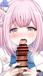  1boy 1girl bar_censor blue_archive censored fellatio highres long_hair looking_at_viewer male_pubic_hair mika_(blue_archive) open_mouth oral penis pink_hair pov pubic_hair sakamatashachi saliva simple_background solo tongue tongue_out white_background yellow_eyes 