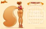  big_breasts big_butt big_tail bottomless breasts brown_hair butt calender clothing female fluffy_tail freckles fur green_eyes hair hi_res lips long_hair looking_back mammal orange_fur penny_flynn ponytail pussy rodent shirt shoes solo squirrel standing thighs zaftigbunnypress 