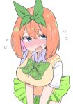  1girl blue_eyes blush bow breasts collared_shirt commentary_request eyebrows_hidden_by_hair flying_sweatdrops go-toubun_no_hanayome green_bow green_ribbon green_skirt hair_between_eyes hair_ribbon highres kujou_karasuma large_breasts looking_at_viewer nakano_yotsuba nose_blush open_mouth pleated_skirt ribbon shirt short_sleeves simple_background skirt solo sweat sweater_vest wavy_mouth white_background white_shirt 