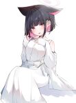  1girl animal_ears black_hair blue_archive bow bowtie cardigan cat_ears colored_inner_animal_ears colored_inner_hair dress extra_ears futagoma halo highres kazusa_(blue_archive) long_sleeves medium_hair multicolored_hair open_cardigan open_clothes pink_eyes pink_hair pink_halo solo white_bow white_bowtie white_cardigan white_dress 