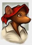 anthro brown_body brown_fur bust_portrait clothed clothing colored female fur gompami hat headgear headwear hi_res hopper_(tnt) mammal murid murine portrait rat red_clothing red_eyes red_hat red_headwear rodent shaded shirt solo teeth tooth_and_tail topwear white_clothing white_shirt white_topwear