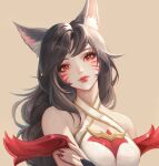  1girl ahri_(league_of_legends) animal_ear_fluff animal_ears black_hair boraiolet breasts closed_mouth crossed_arms facial_mark fingernails fox_ears fox_girl hair_between_eyes highres immortalized_legend_ahri league_of_legends long_hair looking_at_viewer medium_breasts nail_polish official_alternate_costume red_eyes red_nails sidelocks simple_background smile solo upper_body whisker_markings 