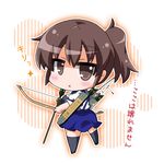  :x archery arrow back black_legwear blue_hakama blush bow_(weapon) brown_eyes brown_hair chibi flight_deck gloves hakama japanese_clothes kaga_(kantai_collection) kantai_collection kyuudou looking_back muneate noai_nioshi partly_fingerless_gloves quiver short_hair side_ponytail single_glove skirt solo tasuki thighhighs translated weapon yugake 