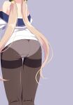  1girl absurdres ass black_pantyhose blue_archive blue_sailor_collar commentary crotch_seam facing_away from_behind grey_background hair_ribbon hifumi_(blue_archive) highres kneepits kuu_nekoneko long_hair low_twintails no_pants off_shoulder panties panties_under_pantyhose pantyhose ribbon sailor_collar sailor_shirt shirt simple_background solo standing thigh_gap thighband_pantyhose twintails underwear undressing very_long_hair white_shirt 