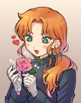  1boy androgynous bishoujo_senshi_sailor_moon black_shirt bright_pupils dot_nose earrings eyelashes flower gakuran gloves gradient_background green_eyes grey_background heart highres holding holding_flower jewelry male_focus numae_kaeru open_mouth orange_hair pink_flower pink_rose ponytail rose school_uniform shirt solo sparkle white_gloves white_pupils zoisite_(sailor_moon) 