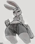  2024 absurd_res anthro artist_name athletic_wear bedroom_eyes beverage bodily_fluids bottomwear bra breasts camel_toe clothed clothing disney eyebrows eyelashes female fully_clothed genital_outline genitals half-closed_eyes hi_res holding_beverage holding_object holding_towel judy_hopps lagomorph leporid mammal midriff monochrome narrowed_eyes navel noctoc open_mouth open_smile plump_labia pussy pussy_outline rabbit seductive shorts simple_background small_breasts smile solo sports_bra standing sweat thong_straps tight_clothing towel underwear white_background zootopia 