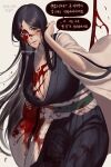  1girl 50x48x48 arm_at_side black_hair black_kimono bleach blood blood_on_breasts blood_on_clothes blood_on_face blood_on_weapon blue_eyes breasts cleavage collarbone commentary feet_out_of_frame fighting_stance grey_background hair_over_shoulder hand_up haori highres huge_breasts japanese_clothes katana kimono leaning_forward long_hair looking_at_viewer open_mouth parted_bangs simple_background smile solo speech_bubble standing straight_hair sword teeth translation_request twitter_username unohana_retsu very_long_hair weapon white_kimono 