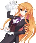  1girl absurdres ahoge blue_eyes breasts butler cup date_a_live drill_hair female_butler formal gloves highres kazamachi_yamai long_hair long_sleeves orange_hair receipt0424 smile solo teacup teapot three_quarter_view white_gloves 