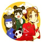  2boys animal_ears black_eyes brown_eyes brown_hair bun_cover china_dress chinese_clothes double_bun dress earrings grey_eyes hyuuga_neji iyutani jewelry kemonomimi_mode long_hair lowres multiple_boys naruto naruto_(series) open_mouth panda panda_ears ribbon rock_lee smile tenten 