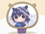 1girl :3 absurdres antenna_hair blue_hair chibi earrings flower gloves grey_eyes hair_flaps highres hololive jewelry looking_at_viewer meconopsis_(ninomae_ina&#039;nis) mirror mole mole_under_eye mpien ninomae_ina&#039;nis official_alternate_costume pointy_ears smile solo takodachi_(ninomae_ina&#039;nis) upper_body virtual_youtuber 