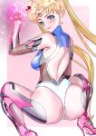  absurdres arion_canvas ass bishoujo_senshi_sailor_moon blonde_hair blue_eyes bodysuit boots breasts from_behind gloves hair_bun heart high_heels highres large_breasts long_hair looking_at_viewer looking_back magical_girl sailor_moon skin_tight smile taimanin_suit tsukino_usagi twintails 