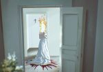  1girl absurdres blood blood_on_ground cross door dress fire highres indoors open_door original own_hands_together praying procreate_(medium) rgk1254 solo white_dress 