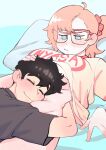  1boy 1girl ahoge belly black_hair blue_eyes blush bottomless breasts colo_(nagrolaz) english_commentary english_text freckles frown glasses highres kyler_(sweethex) large_breasts navel orange_hair red-framed_eyewear red_hair rita_(sweethex) shirt short_hair sleeping sleeping_on_person smile sweethex t-shirt unamused underboob 