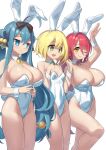  3girls absurdres animal_ears arukiru bare_legs blonde_hair blue_eyes blue_hair breasts cleavage fake_animal_ears flower_knight_girl geranium_(flower_knight_girl) green_eyes highres isogiku_(flower_knight_girl) katabami_(flower_knight_girl) large_breasts leotard long_hair multiple_girls oppai_loli playboy_bunny rabbit_ears short_hair small_breasts standing white_leotard yellow_eyes 