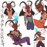  anthro back_wings baphomet_(deity) black_body black_feathers bottomwear bovid bra bracelet breasts brown_body brown_fur brown_hair caprine caprine_demon chin_tuft choker cleavage clothed clothing curved_horn deity demon denim denim_bottomwear denim_clothing dewclaw_hooves dialogue ear_piercing ear_ring english_text facial_piercing facial_tuft feathered_wings feathers fire_halo fur goat goat_demon gynomorph hair half-closed_eyes hi_res hip_piercing hoodie hooves horizontal_pupils horn humor intersex jeans jewelry mammal mitarashi narrowed_eyes necklace nose_piercing nose_ring open_clothing open_hoodie open_mouth open_topwear pants piercing pink_hair pupils ring_piercing shirtless_anthro shirtless_gynomorph simple_background smile solo speech_bubble spiked_bracelet spikes text topless topless_anthro topless_gynomorph topless_intersex topwear tuft underwear white_background wide_eyed wings yellow_sclera 