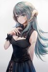  1girl arm_behind_back au_ra black_dress blue_eyes blue_hair bracelet breasts cleavage cleavage_cutout clothing_cutout commentary_request dragon_girl dragon_horns dress final_fantasy final_fantasy_xiv hand_up highres horns jewelry long_hair looking_at_viewer maho_moco multicolored_hair scales side_slit simple_background solo two-tone_hair warrior_of_light_(ff14) white_background white_hair white_horns white_scales 