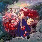 1girl 1other blue_skirt brown_sweater bug bush butterfly commentary floating_hair flower freckles hair_flower hair_ornament house long_hair long_skirt looking_to_the_side orchard original outdoors profile red_hair shwanpai skirt standing sweater tree wind 