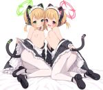  2girls @_@ animal_ear_headphones animal_ears apron ass black_dress black_footwear blonde_hair blue_archive blush breasts cat_tail closed_mouth collarbone dress fake_animal_ears frilled_apron frilled_dress frills green_eyes green_halo halo headphones highres maid maid_apron maid_headdress midori_(blue_archive) midori_(maid)_(blue_archive) momoi_(blue_archive) momoi_(maid)_(blue_archive) muku_(muku-coffee) multiple_girls nipples official_alternate_costume open_mouth pantyhose pink_halo red_eyes shoes short_hair siblings simple_background sisters small_breasts smile tail twins white_apron white_background white_pantyhose 