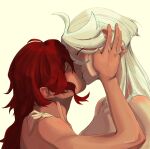  2girls absurdres blush closed_eyes gundam gundam_suisei_no_majo hand_on_another&#039;s_face highres holding_own_arm kiss long_hair miorine_rembran multiple_girls nude red_hair simple_background suletta_mercury tigris_g_w upper_body white_hair yellow_background yuri 