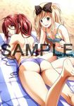  2girls ass back bare_legs bare_shoulders barefoot beach bikini blonde_hair blush bow breasts brown_eyes cleavage collarbone disorder_6 ears feet female frilled_bikini frills front-tie_top hair_between_eyes hair_bow hinako_(disorder_6) leg_up legs long_hair looking_at_viewer looking_back lotion lying multiple_girls nagahama_megumi navel official_art on_stomach open_mouth outdoors purple_bikini purple_eyes red_hair rubbing rumi_(disorder_6) sample sand side-tie_bikini sideboob sitting smile soles swimsuit toes topless untied wariza 