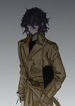  1boy absurdres black_hair black_shirt brown_coat buttons chinese_commentary closed_mouth coat commentary_request double-breasted gradient_background grey_eyes hair_between_eyes hand_in_pocket highres long_sleeves male_focus saibou_shinkyoku shirt short_hair simple_background sketch solo trench_coat utsugi_noriyuki wotmyijingwuyuwuqiule 