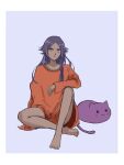  1girl alternate_costume barefoot bleach dark-skinned_female dark_skin happy_melon4311 highres long_hair looking_at_viewer orange_sweater purple_hair shihouin_yoruichi simple_background solo sweater yellow_eyes 