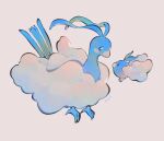 altaria animal_focus artist_name bird bird_tail black_eyes blue_eyes blue_skin bright_pupils chromatic_aberration closed_mouth cloud colored_lineart colored_skin commentary english_commentary evolutionary_line fluffy from_side full_body highres ieafy looking_at_another no_humans pokemon pokemon_(creature) simple_background sparkle swablu tail three_quarter_view white_background white_pupils wings 