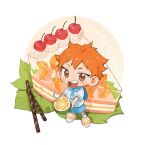  1boy :d annsmow blue_necktie blue_shirt blue_shorts cake character_name cherry chibi collared_shirt copyright_name food fruit full_body haikyuu!! highres hinata_shouyou leaf light_blush looking_at_viewer male_focus minimized necktie open_mouth orange_(fruit) orange_eyes orange_footwear orange_hair shirt short_hair shortcake shorts smile socks solo teeth three_quarter_view two-tone_shirt white_socks 