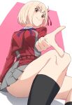  1girl bare_legs belt black_socks blonde_hair bob_cut breasts closed_mouth finger_gun hair_ribbon hatenoga highres large_breasts long_sleeves looking_at_viewer lycoris_recoil lycoris_uniform neck_ribbon nishikigi_chisato pleated_skirt pointing pointing_at_viewer red_belt red_eyes red_ribbon ribbon short_hair sitting skirt socks solo thighs v-shaped_eyebrows wing_collar 