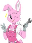  2024 absurd_res alpha_channel anthro black_eyes buckteeth bust_portrait clothing discord_(app) female fur gesture hair hand_gesture hi_res holding_object holding_tool holding_wrench lagomorph leporid mammal one_eye_closed overalls pink_body pink_fur pink_hair portrait rabbit shirt smile solo t-shirt teeth telegram tools topwear v_sign widget wink wow!_wow!_wubbzy! wrench zer0rebel4 