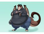  2023 2_horns anthro belly belly_overhang big_belly big_moobs biglovealicia blue_eyes brown_body brown_fur brown_hair canid canine canis cel_shading cellphone clothed clothing digitigrade dragon electronics full-length_portrait fully_clothed fur hair hi_res horn huge_belly hybrid letterbox male mammal membrane_(anatomy) membranous_wings moobs morbidly_obese morbidly_obese_male mythological_creature mythological_scalie mythology obese obese_male overweight overweight_male pear-shaped_figure phone portrait scalie shaded simple_background solo tail thick_thighs wide_hips wings wolf 