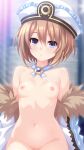  1girl arms_behind_back bare_shoulders blanc_(neptunia) blue_eyes bottomless breasts brown_hair clothes_pull coat commentary_request expressionless fur-trimmed_coat fur_trim groin hair_between_eyes highres indoors irori_(irorixc) jacket jacket_pull looking_at_viewer medium_hair naked_coat navel neptune_(series) nipples no_bra off_shoulder petite small_breasts solo staring stomach white_coat 