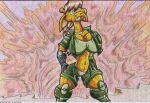  anthro big_breasts bottomwear bottomwear_down bra breasts butt_on_fire cleavage clothed clothing cybernetic_arm cybernetic_limb explosion female fire giraffe giraffid hand_on_butt lava luray_giraffe mammal navel panties partially_clothed shorts shorts_down solo traditional_media_(artwork) underwear virus-20 