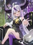  1girl :d absurdres ahoge ascot black_horns commentary_request couch crossed_legs detached_sleeves grey_hair highres hololive horns la+_darknesss la+_darknesss_(1st_costume) long_hair looking_at_viewer multicolored_hair on_couch open_mouth pantyhose pointy_ears purple_hair purple_pantyhose runlan_0329 single_leg_pantyhose smile solo streaked_hair striped_horns thighs virtual_youtuber white_sleeves yellow_ascot yellow_eyes 