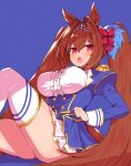  1girl absurdres animal_ears armor blue_background blue_jacket bow breasts brown_hair center_frills commentary daiwa_scarlet_(umamusume) fang frills hair_bow hair_intakes highres horse_ears horse_girl horse_tail jacket juliet_sleeves kamoto_tatsuya knee_up large_breasts long_hair long_sleeves looking_at_viewer open_mouth pauldrons puffy_sleeves red_bow red_eyes shirt shoulder_armor simple_background sitting skin_fang solo tail thighhighs tiara twintails umamusume very_long_hair white_shirt white_thighhighs 