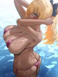  1girl arms_up ass bare_arms bare_shoulders bikini blonde_hair blue_eyes blush breasts butt_crack cleavage closed_mouth dark-skinned_female dark_skin from_above hair_ornament highres large_breasts long_hair oekakizuki original outdoors ponytail purple_bikini side-tie_bikini_bottom sideboob solo swimsuit water 