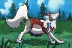  belly big_belly canid canine canis digital_media_(artwork) female feral fur generation_7_pokemon happy harness heliofox lycanroc mammal midday_lycanroc nintendo nipples pokemon pokemon_(species) pregnant pregnant_female quadruped smile tail teats white_body white_fur 