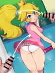  1girl 2boys aqua_eyes ass bar_censor blonde_hair censored chiwino commission crown cum dress earrings ejaculation from_behind highres jewelry male_masturbation mario_(series) masturbation multiple_boys panties parted_lips penis pink_dress pixiv_commission ponytail princess_peach racket short_dress sphere_earrings tennis_racket underwear white_panties 